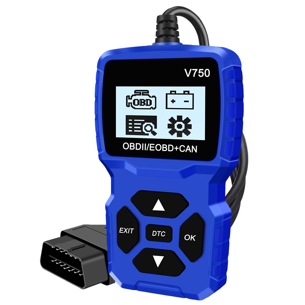 

Тестер аккумулятора Автомобильный диагностический инструмент V750 Многоязычный сканер OBD2 Считывание информации об автомобиле Считыватель кодов Проверка системы двигателя синий