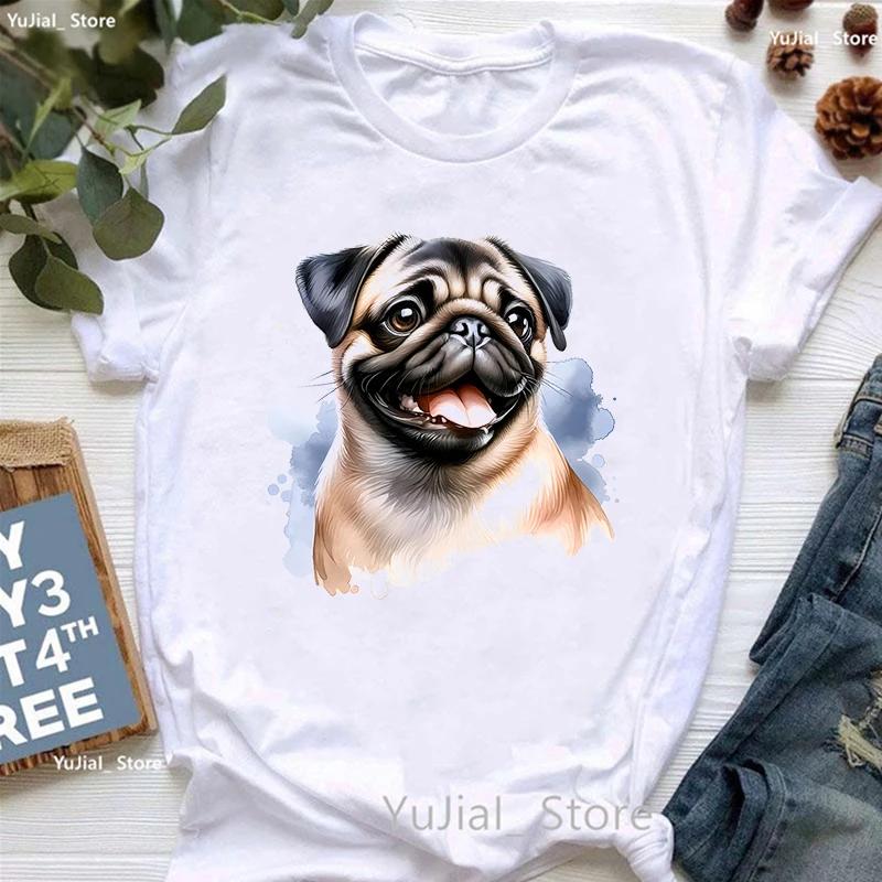 Watercolor Pug Dog Animal Printed T Shirt Unisexs Clothing Funny White Tshirt Femme Summer Tops Short Sleeve Tshirt Female