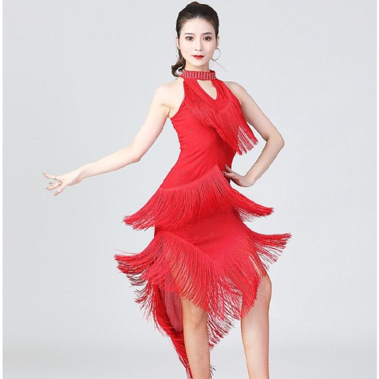 Glittering Latin Dance Dress Asymmetrical Sequins Fringe Performances Costume Breathable Polyester Stage Outfit