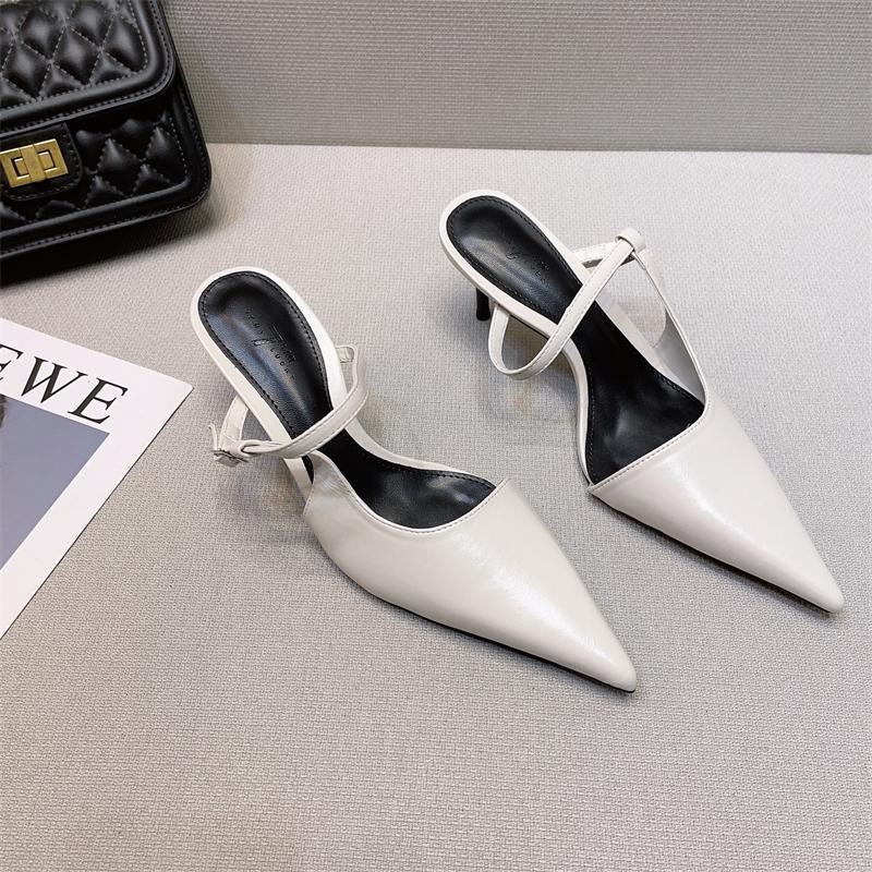 2025 Spring New French High Heels Women's Design Sense Niche Temperament Muse Fan Thin Heel Pointed Head Bag Head Sandals