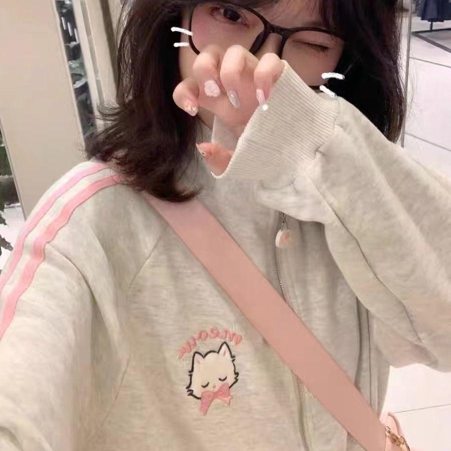 Японская мода Kawaii молния толстовка женская Harajuku милый розовый кот вышивка большой — фото 4