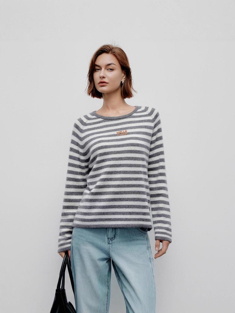 Women's 2026 Spring/Autumn Round Neck 100% Cashmere Knit Outerwear with Striped Letter Design.