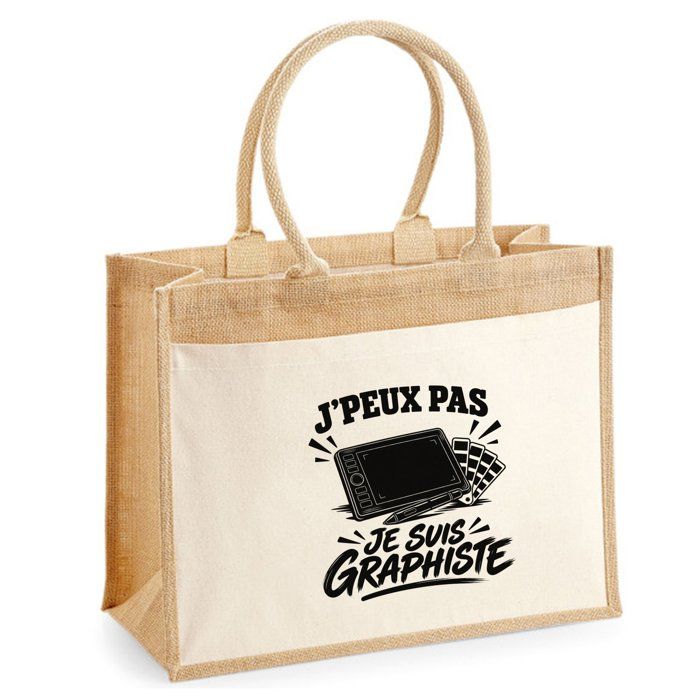 Sac Cabas Jute avec Poche J’peux pas je suis Graphiste J'peux pas minimaliste | Toile de Jute et Coton 21 L Fond Plat Anses 65 cm