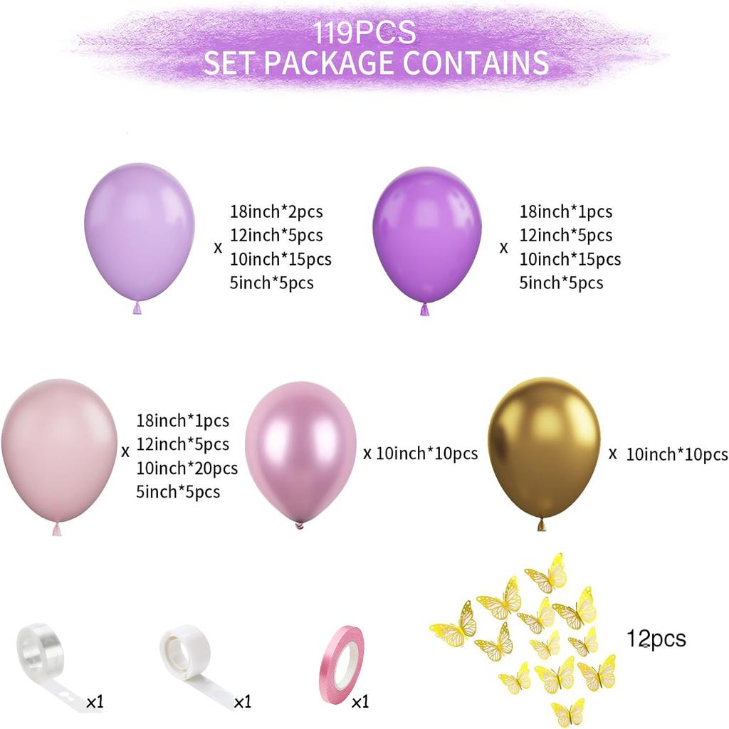119PCS Purple and Pink Latex Balloon Set Suitable for Birthday Parties, Weddings, Valentine's Day Party Decoration