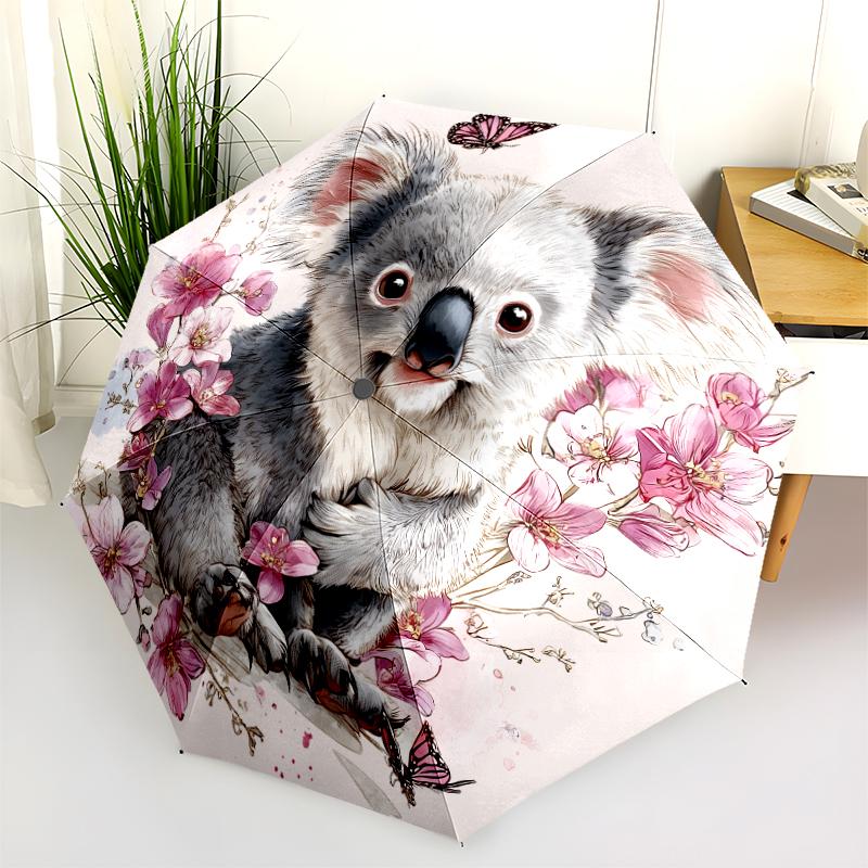 Fantasia koala rosa, ombrello pieghevole automatico, design portatile e pieghevole, 8 stecche, un regalo di Natale o di compleanno.