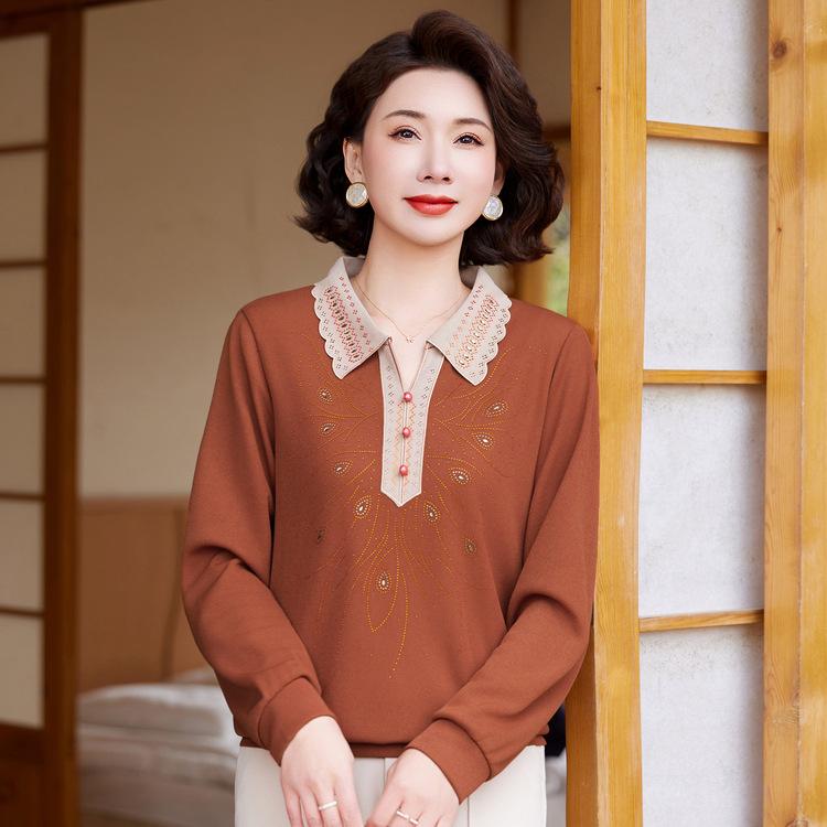 Spring Fashion Foreign Style Long-sleeved T-shirt New Middle-aged and Elderly Women's Spring and Autumn Knitting