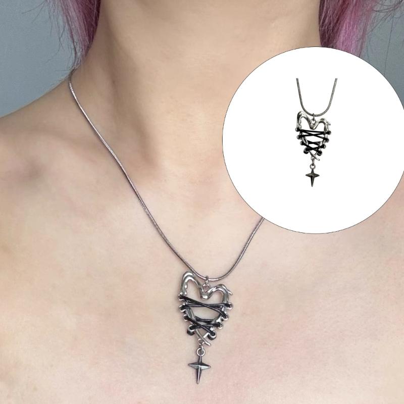Edgy Necklace Black Rope Chain Gothic Heart Charm Pendant Neckwear Punk Jewelry Gift for Her