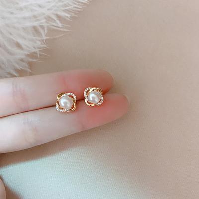 Gioielli in Oro Oro Vero Orecchini Zircone Perla Intrecciati Orecchini a Bottone di Lusso per Donne Brincos Pendientes Bijoux CLE