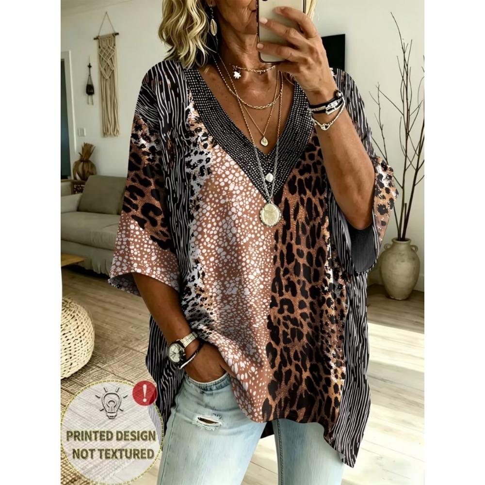 Women's Large Size V-neck Top, Elegant, Comfortable and Simple Butterfly Pattern Print Large Size Women's V-neck T-shirt