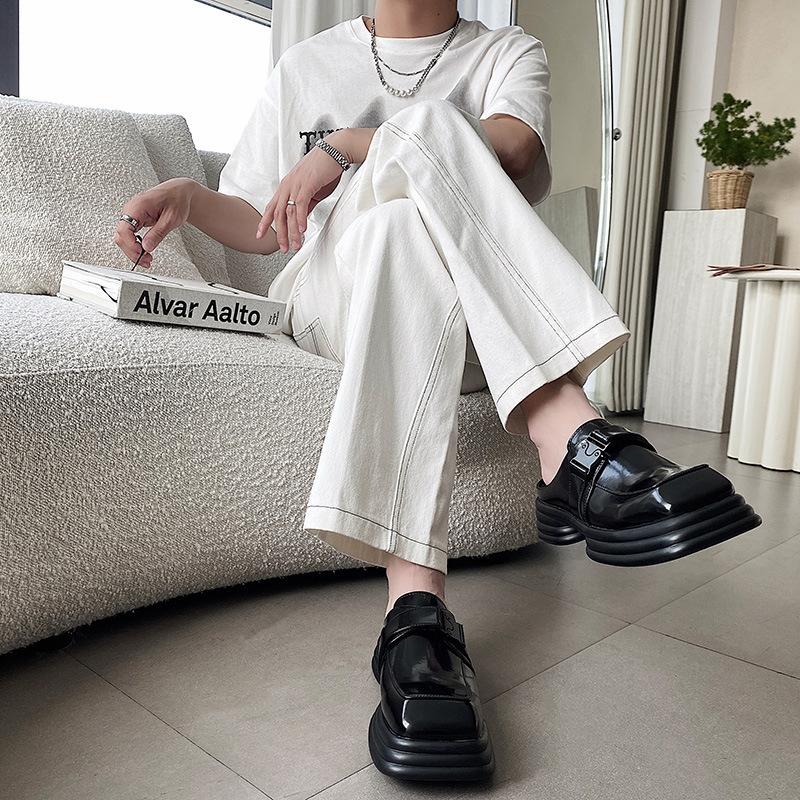 Retro małe skórzane buty kwadratowy nosek gruba podeszwa podwyższające buty z workowatą cholewką letnie bez obcasa lakierowane buty na stopy
