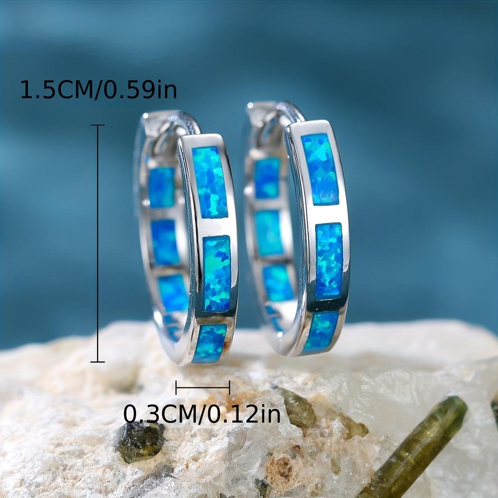 1 Pair S925 Sterling Silver Bohemian Style Blue Opal Hoop Earrings for Women Classical Wedding Circle Earrings Fine Jewelry