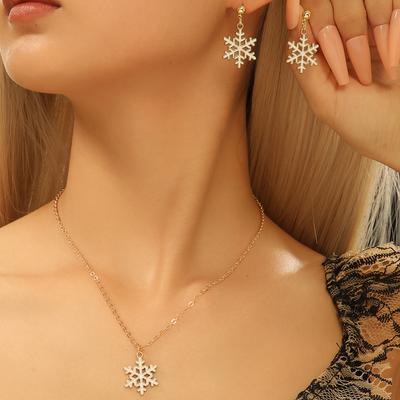 Premium Christmas Earrings Necklace, Light Luxury Simple Oil Drip Snowflake Collarbone Chain Jewelry Set