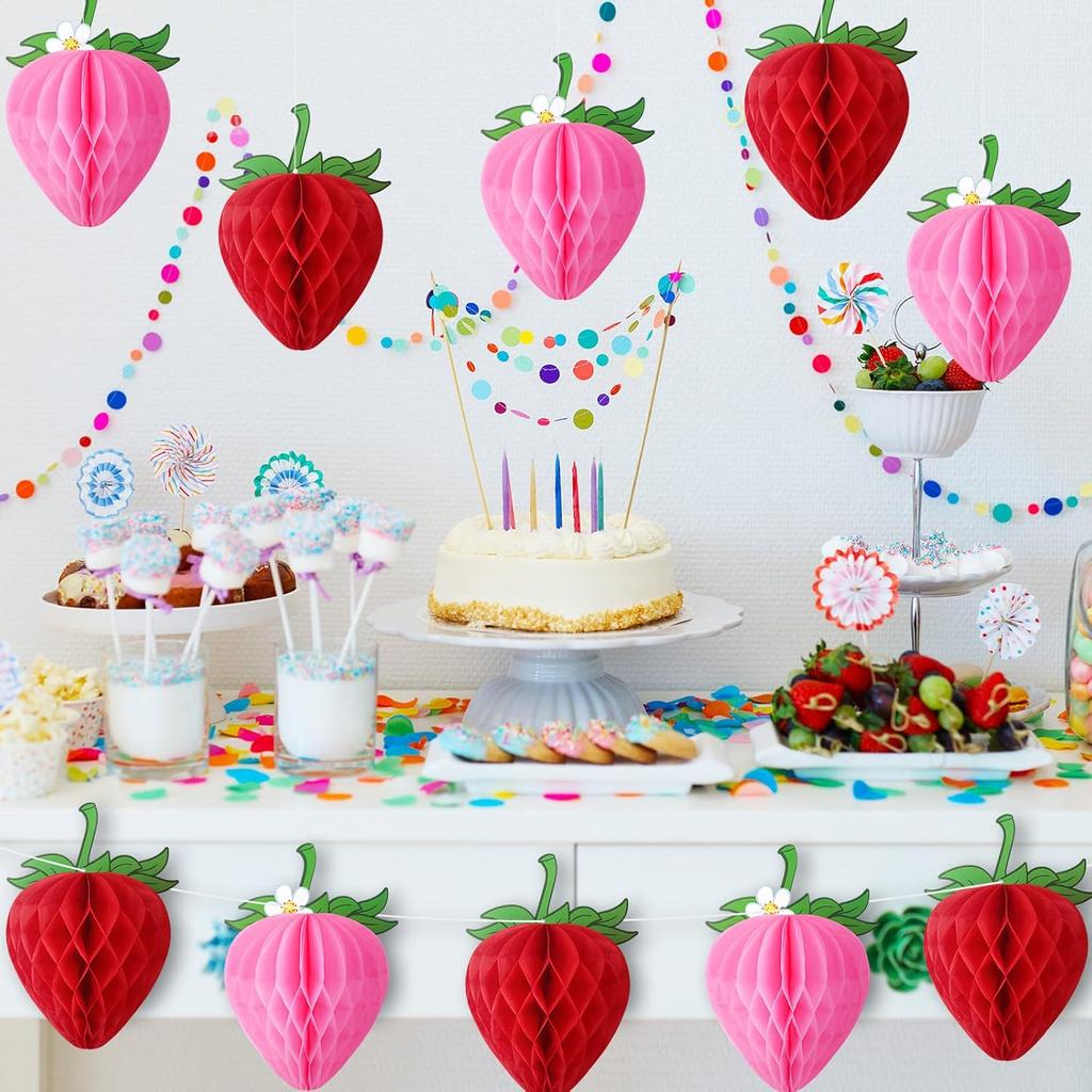 14 Pieces 6 Inches Strawberry Honeycomb Birthday Party Decorations Paper Strawberry Ball Tissue Shortcake Party Decorations for Girls Baby Shower