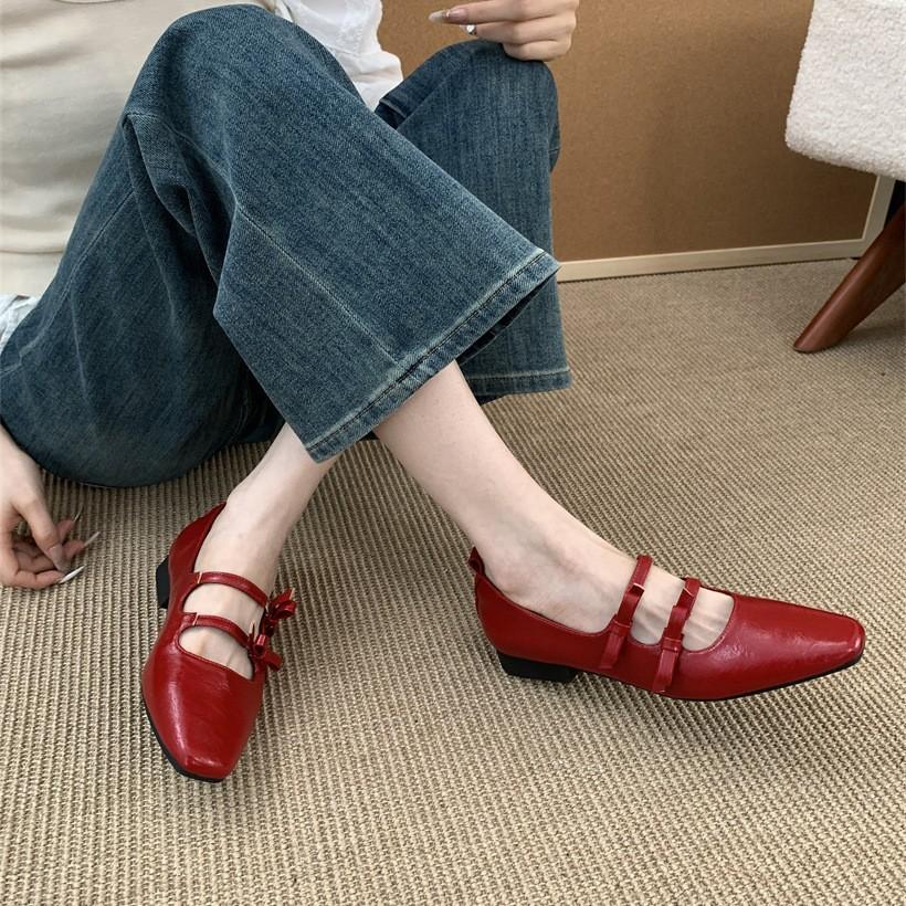 Spring 2025 New French Mary Jane Shoes Double Bow Square Head Shallow Mouth Temperament Flat Bottom with Skirt Single Shoes