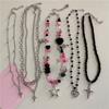 Goth Vintage Star Cross Pendant Pink Beaded Silver Color Chain Necklace For Women Aesthetic Grunge EMO Jewely Accessory