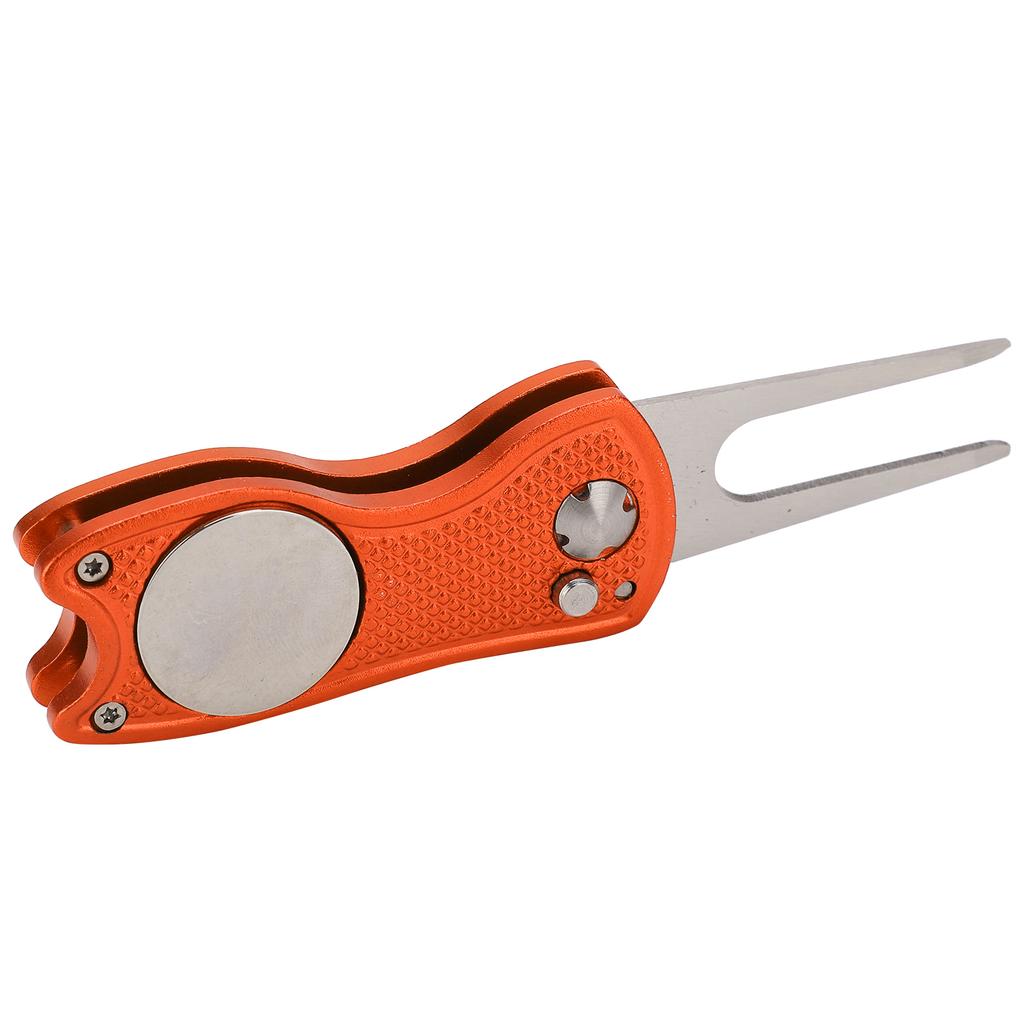 Golf Green Fork Stainless Steel Foldable Golf Divot Repair Tool with Button MagneticOrange