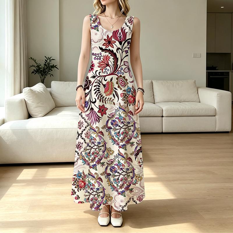 U-Neck Sleeveless Floral Maxi Dress for Women Soft,Elegant Fashion Design,Perfect for Home,Pool,Vacation,Daily Outings & Travel Photos