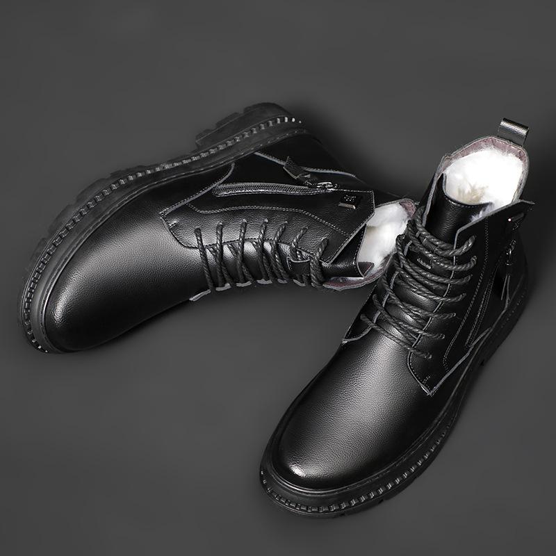 Winter men's leather boots leather warm Martin boots wool trend boots fleece single boots men's shoes soft handsome