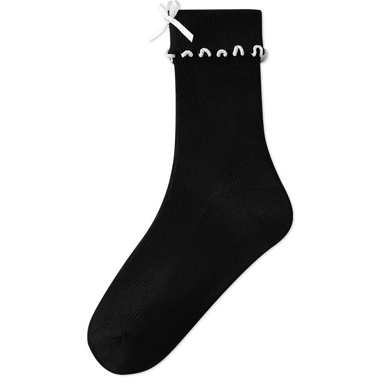 Women's Spring and Autumn Double-needle Bow with Loose Lace, Super Soft Pile Socks with Black Fungus Edge