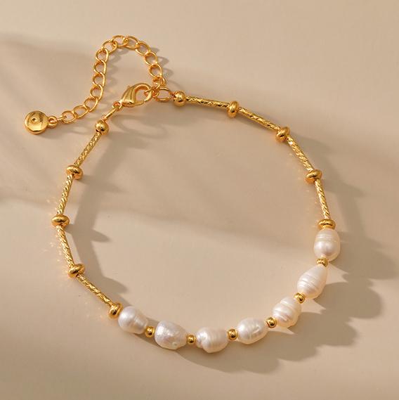 Fashion Freshwater Pearl Gold Plated Beaded Bracelet for Women Natural Pearls with Link Chain Bracelet Bangles Charm Zircon