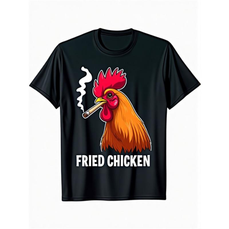 European sizes Funny Rooster Smoking Graphic T-Shirt - Black Novelty Fried Chicken Tee for Men - Lightweight Crewneck Shirt S