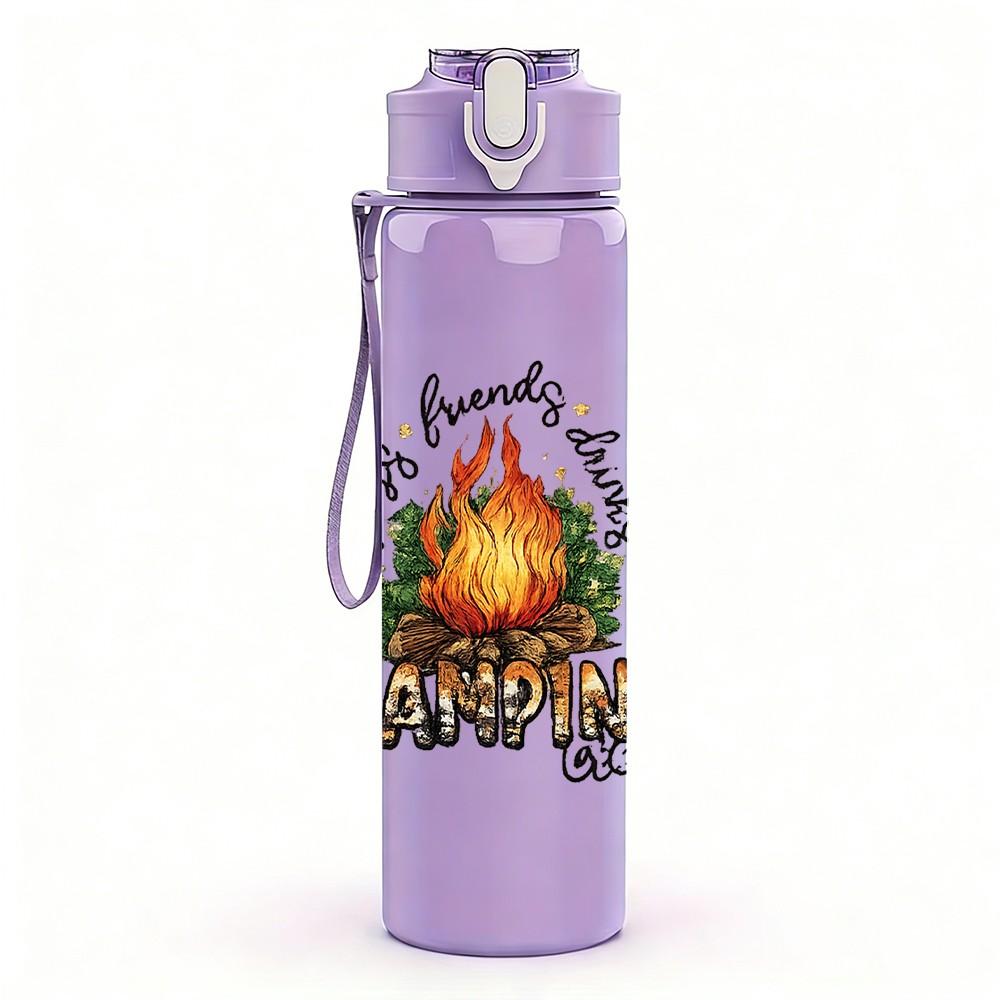 1PC Campfire Camping Scene Print 750ml Color Plastic Sports Water Bottle Leakproof Flip Straw Lid Suitable for Sports Office Home Use
