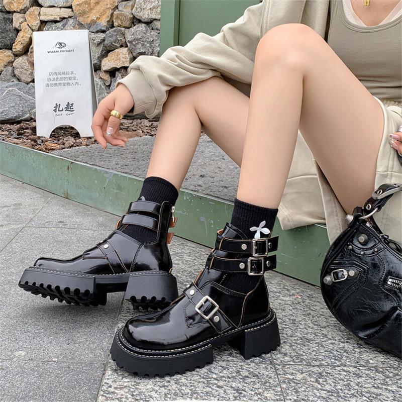 Fashion New Autumn/winter Women Boot Round Toe Platform Shoes Split Leather Fashion Belt Buckle Boots Short Boots for Women Handmade