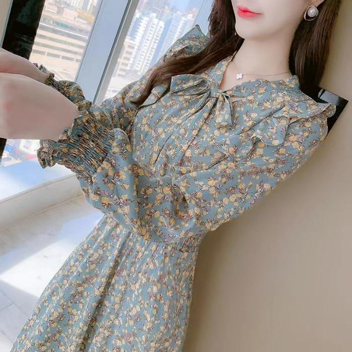 French Ruffled Floral Dress for Women In Spring New Style Waist-hugging Temperament Bow Tie Base Skirt