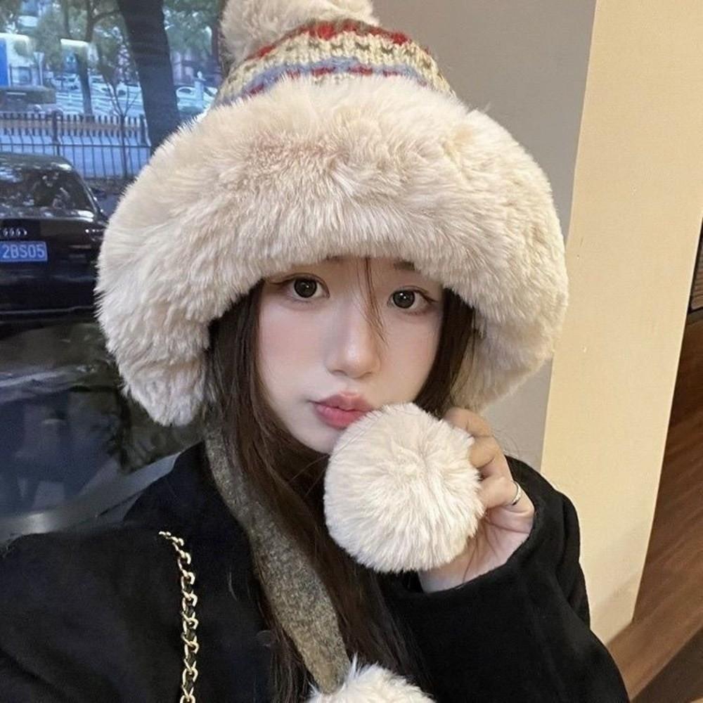 Warm Knitted Plush Hat Windproof Pullover Beanie Hat Casual Ear Protection Hat Skiing
