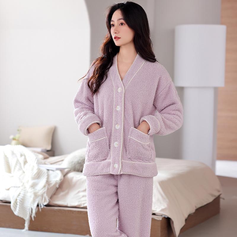 Set pigiama da donna in flanella invernale - Spesso, maniche lunghe, pantaloni, cardigan, caldo, casual, vestibilità ampia