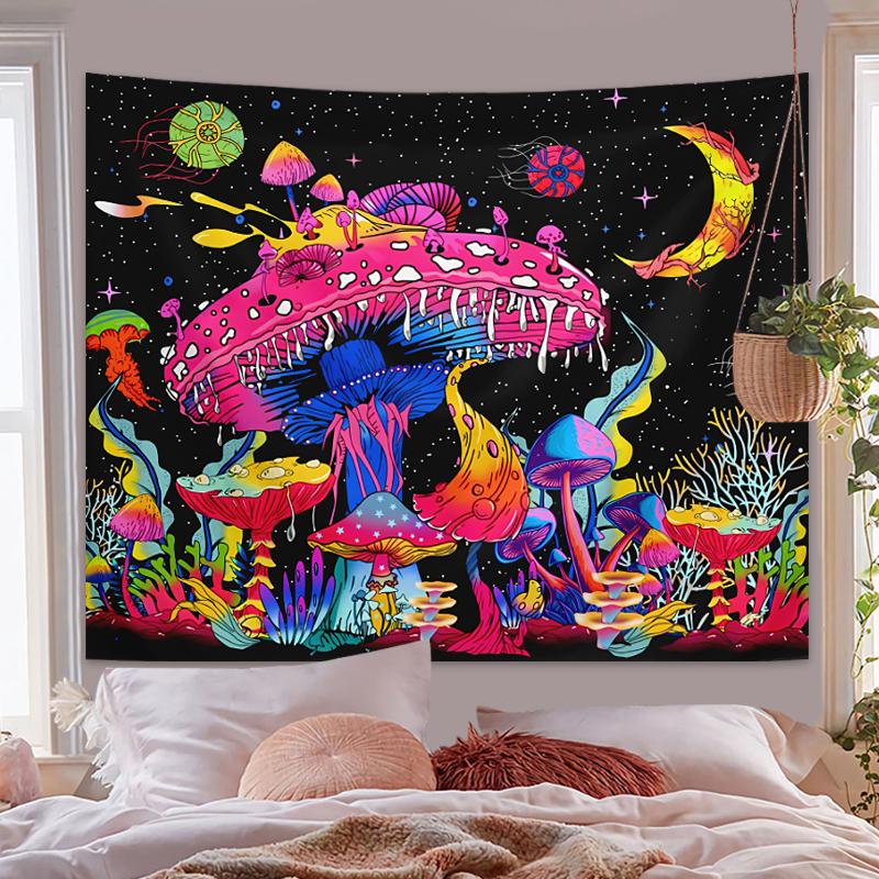 1pcFluorescent colored mushroom tapestry, ultraviolet black light natural plant forest moon flower mysterious night sky tapestry