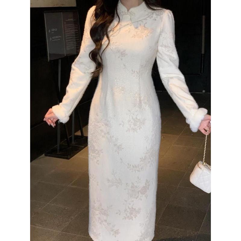 Plus Size New Chinese Style Off-White Jacquard Qipao Dress