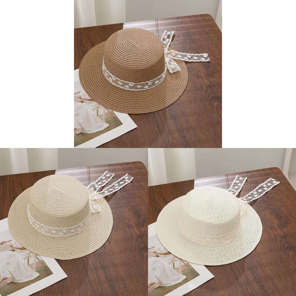 Summer Straw Hat With Lace Ribbon Large Brim Sun Protection For Beach Vacation Women