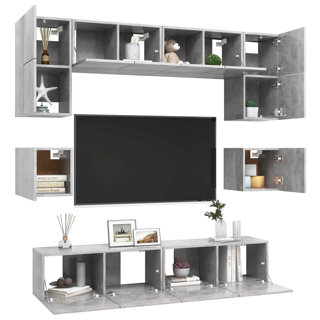 8 piece TV cabinet set concrete grey particleboard
