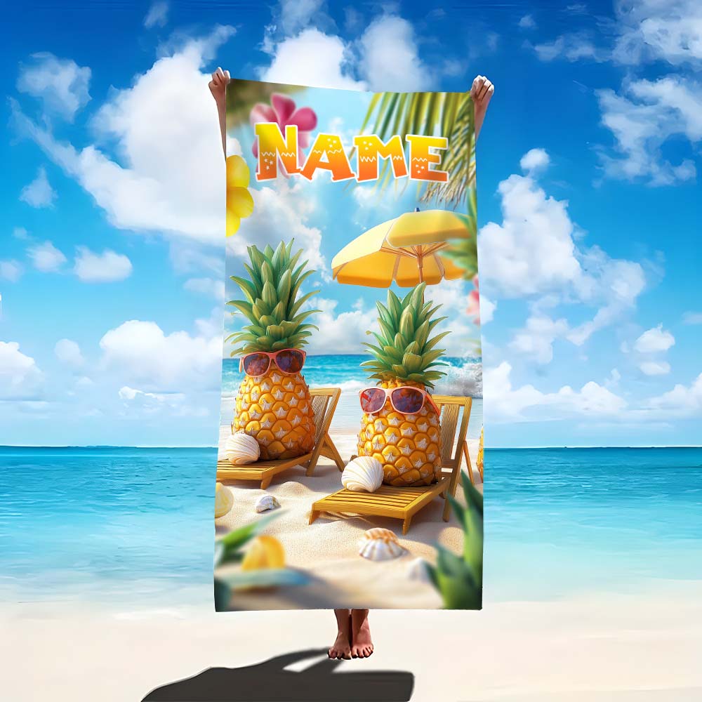 1pc Customizable Cute Pineapple Beach Towel, Summer Vibes Personalized Name Beach Towel for Vacation, Soft Quick Dry Beach 70x140cm&1pc