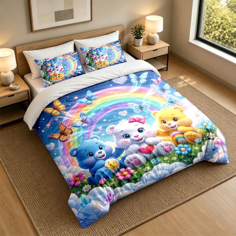 3Pcs Bedding SetCare Bears Soft Bed Sheet and Two Pillowcases Home Bedroom Decor