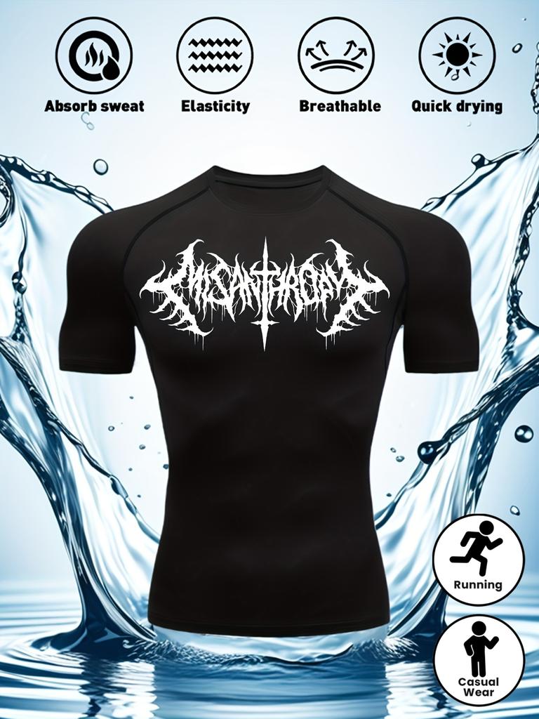 Mens Black Compression Short Sleeve T-Shirt White Death Metal Tribal Graphic Absorb Sweat Quick Dry High Elasticity Gym And MMA Athletic Top