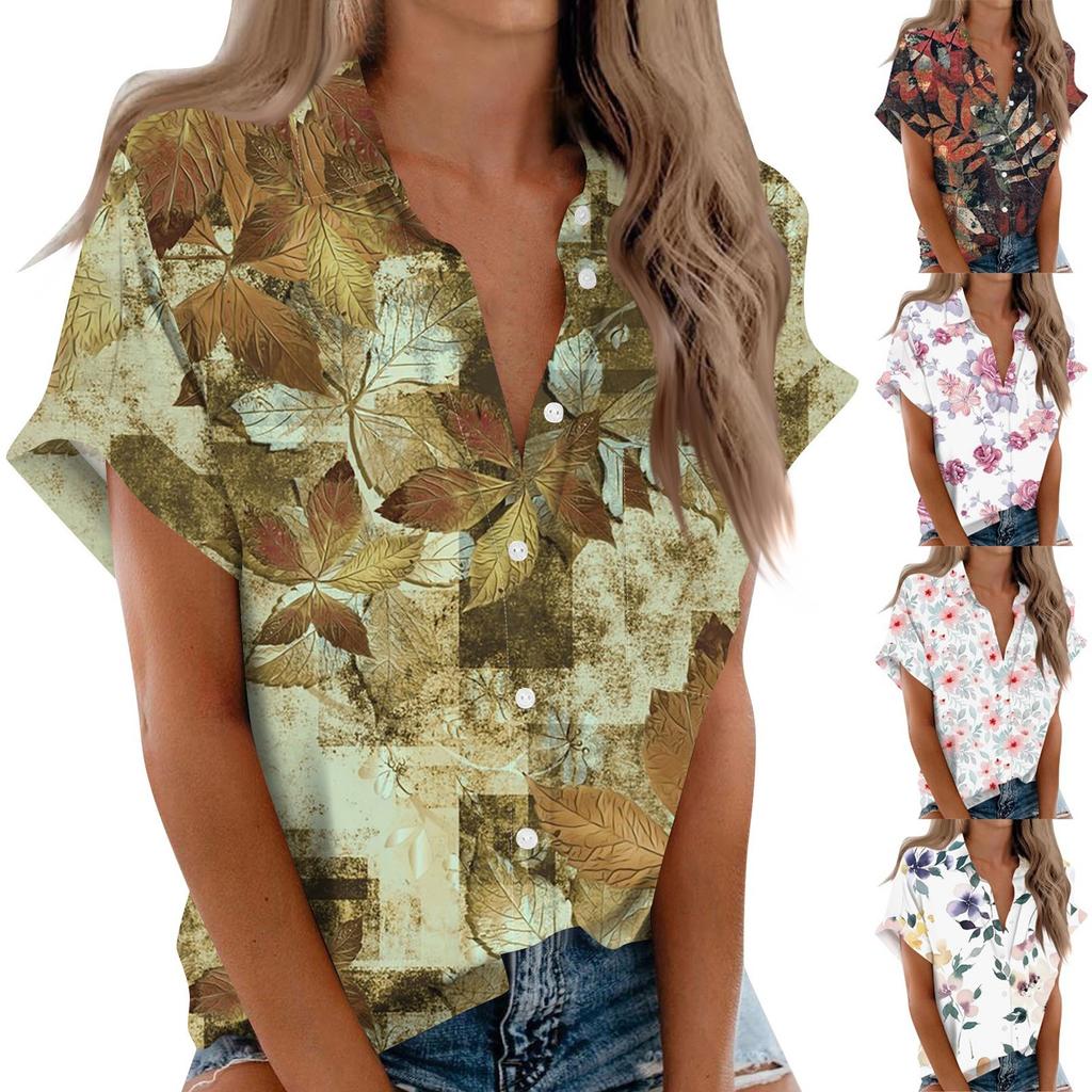 Women's Short Sleeved Shirt, Daily Fashion Printed Button Top, Chest Pocket Cardigan