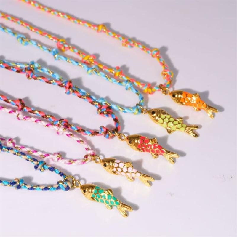 Everyday Wear Fish Charm Necklace Handwoven Colorful Rope Chain Adjustable Rope Jewelry Stainless Steel Pendant Necklace
