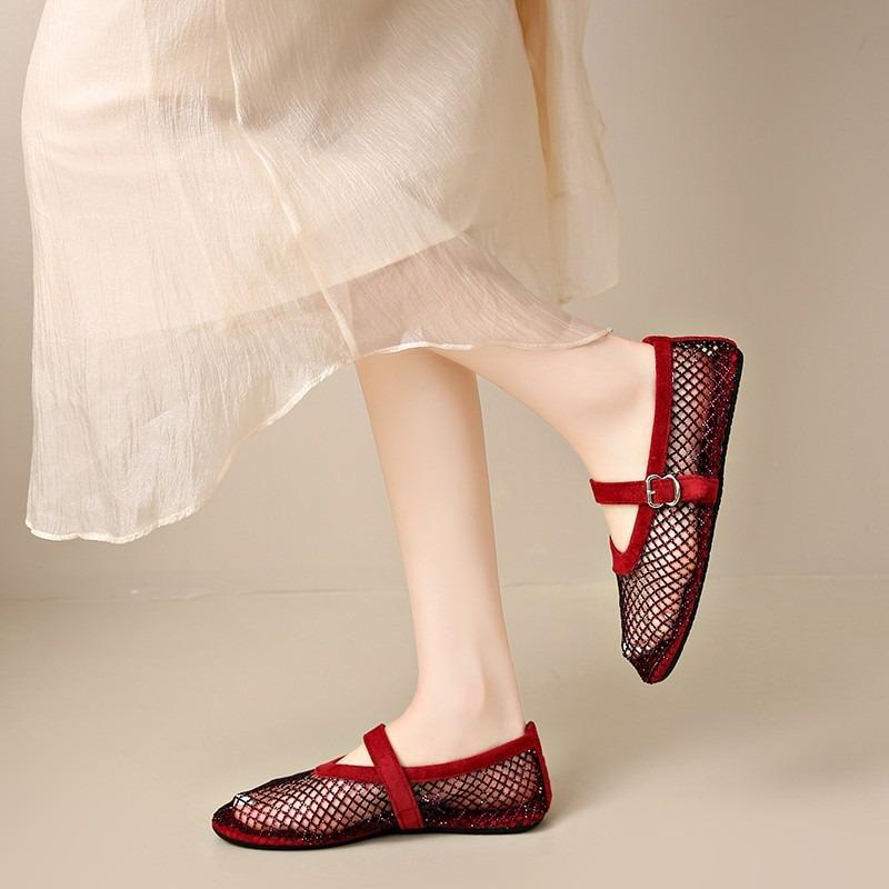 Chaussures en maille strass femme été nouvelles respirantes creuses semelle plate boucle à une bride ballet semelle souple