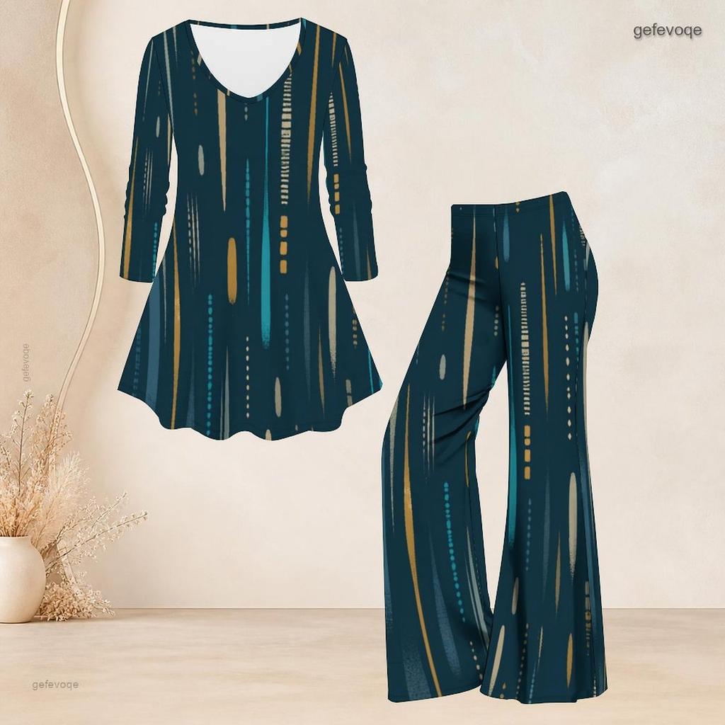 Women Plus Size Round Neck Three Quarter Sleeve Printed Flared Top Flared Pants Two Piece Set