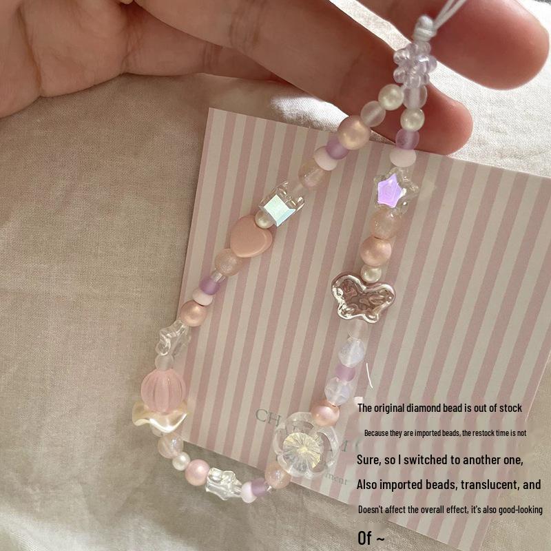 

Handmade Girly Pink Beaded Phone Lanyard & Charm with Czech Beads, CCD Style