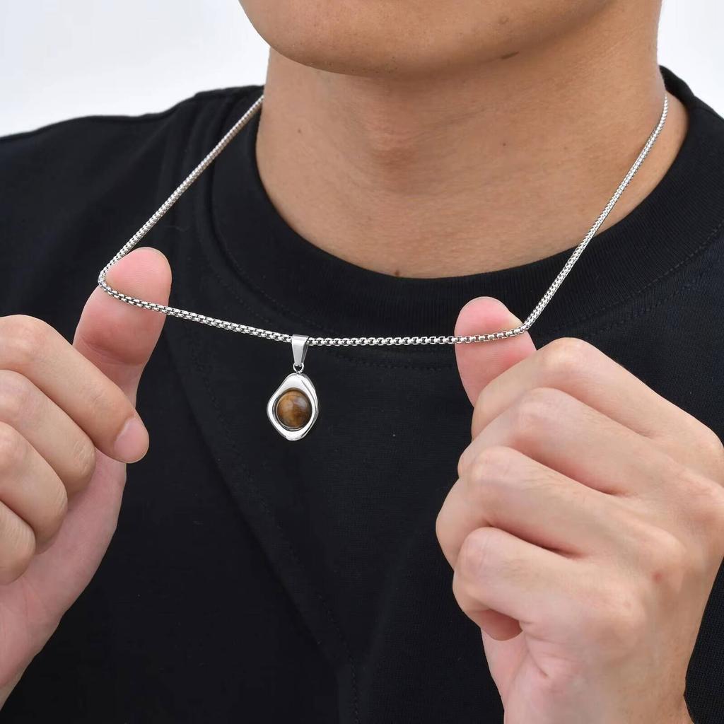 Vnox Tiger Eye Stone Irregular Pendant Neckalce for Men, Waterproof Stainless Steel Natural Stone Necklaces, Anniversary Gifts