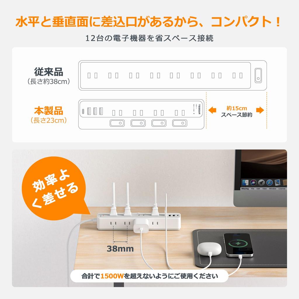 TESSAN 2m Magnetic Power Strip Extension Cord with Slim Plug, Octopus-Leg Outlets, and USB Included. 8 AC Outlets, 1 Type-C and 3 Type-A Ports, Perfec