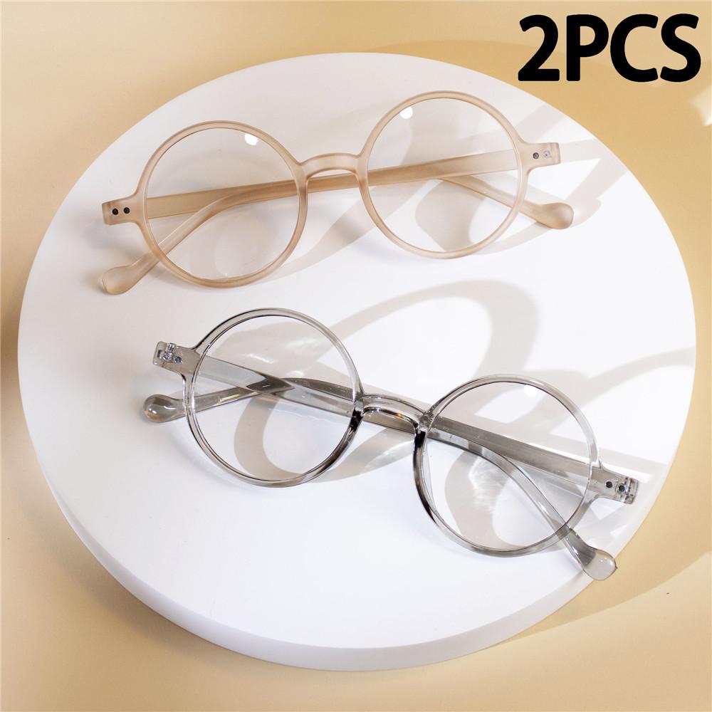 2PCS Round Non-Prescription Anti-Blue Light Reading Glasses - Cute Full Rim PC Frame with Clear Polycarbonate Lenses