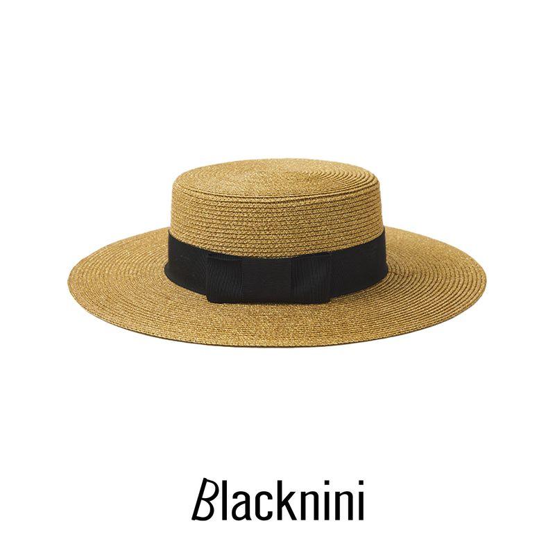 

Blacknini Exquisite Summer Luxury Hand-Stitched Pearl Woven French Flat Top Sun-Shade All-Match Straw Hat Golden straw hat
