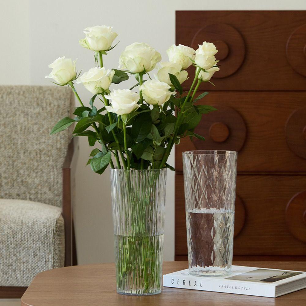 Modern Acrylic Clear Flower Vase Transparent Unbreakable Cylinder Vases Ribbed Design Flower Arrangement Hydroponic Decor