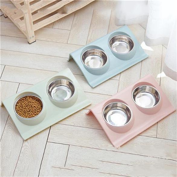 Pet Food Bowl Pet Dog Bowl Cat Bowl Stainless Steel Z Double Bowl Pink Blue Green