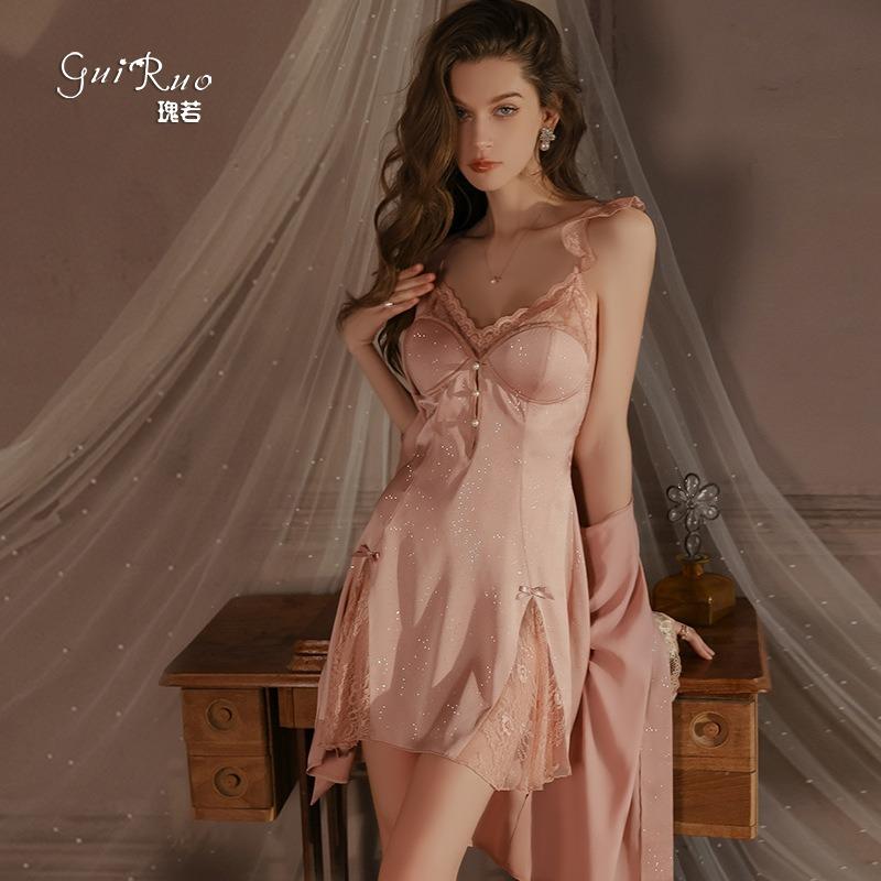 Silky fine flash satin deep V plus chest pad pure desire backless suspender nightdress robe loungewear set