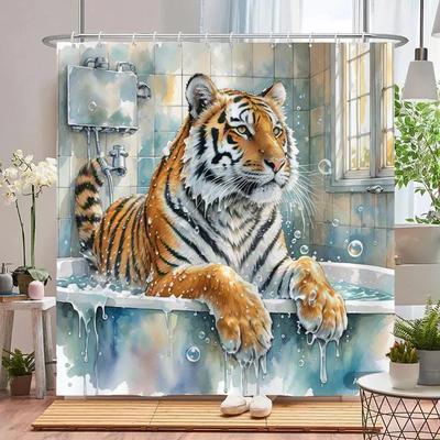 Amusing and Creative Animal Shower Curtain Waterproof Bathroom Curtain Funny Bathing Lion, Tiger and Bear Partition Bath Curtain